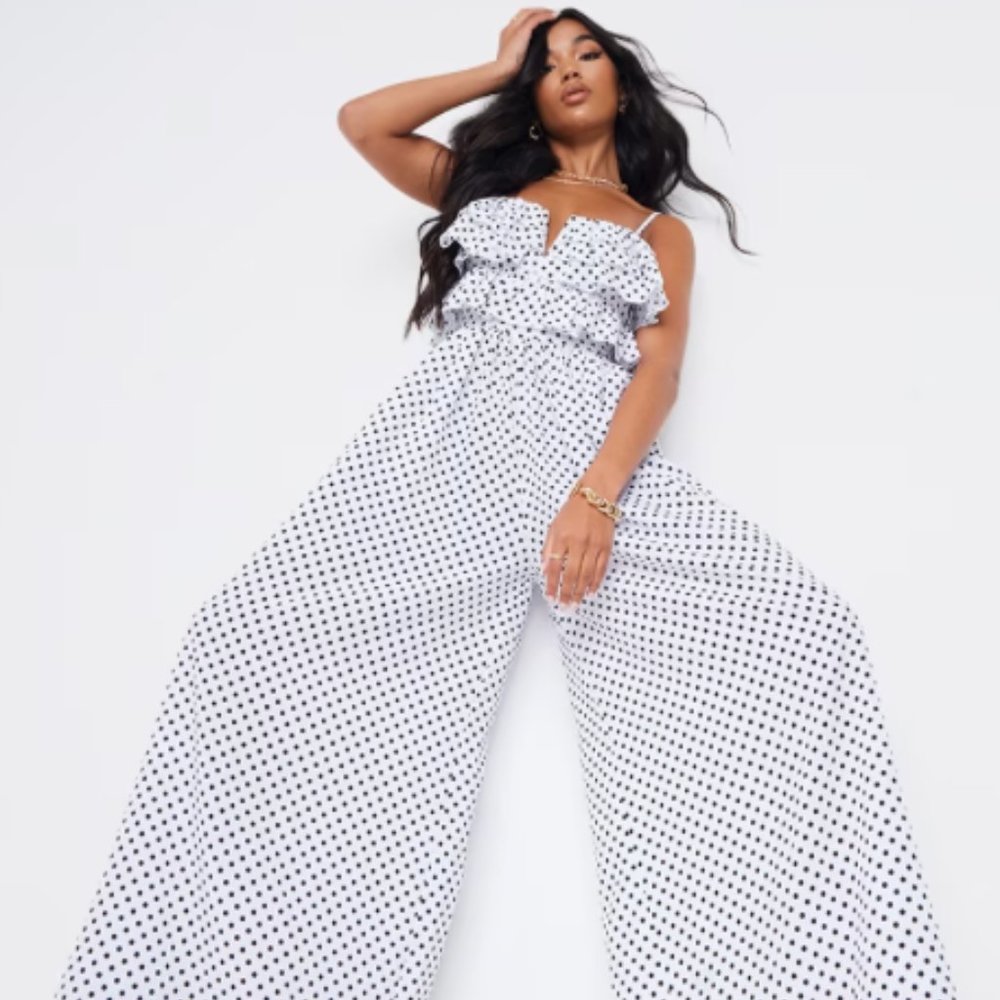 WHITE POLKA DOT STRAPPY RUFFLE WIDE LEG JUMPSUIT